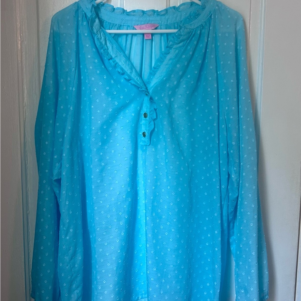 Lilly Pulitzer Elsa Turquoise Blouse with Ruffle Detail